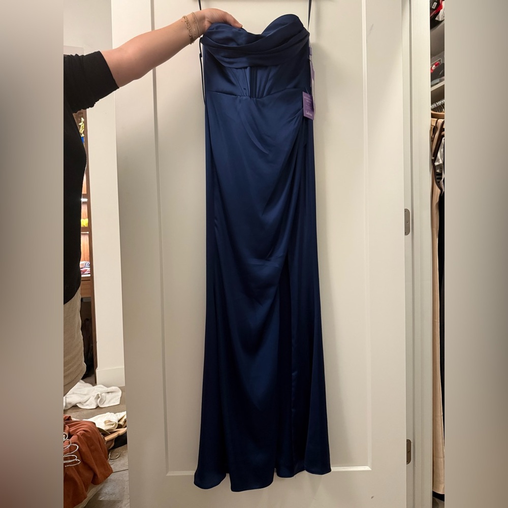 Ladivine Navy Satin Prom Dress, New with Tags, Never Worn, Lace Up Back